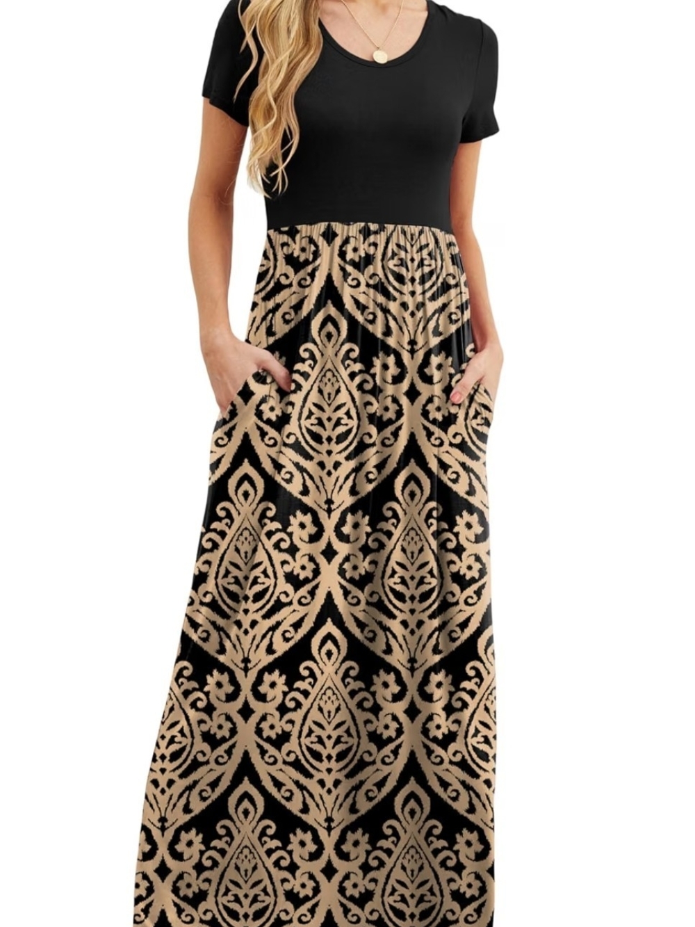 Black and Tan Maxi Dress with Damask Pattern